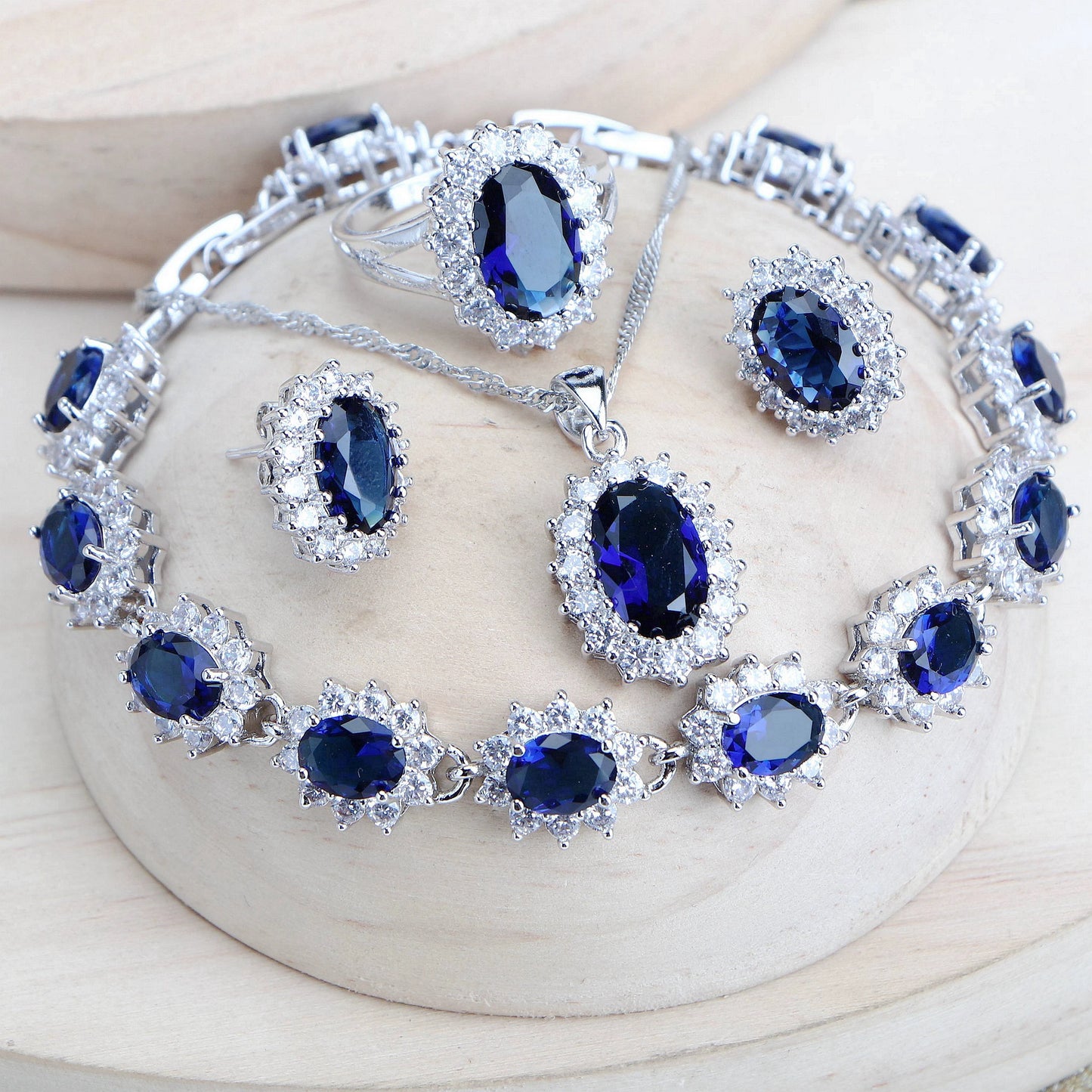 Silver 925 Women Bridal Jewelry Sets Blue Zirconia Costume Fine Jewellery Wedding Necklace Earrings Rings Bracelets Pendant Set