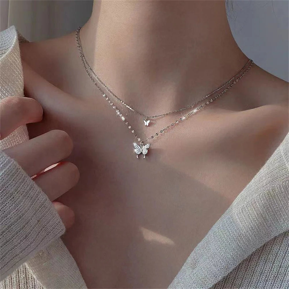 New Shiny Butterfly Necklace Ladies Exquisite Double Layer Clavicle Chain Necklace Jewelry for Ladies Gift