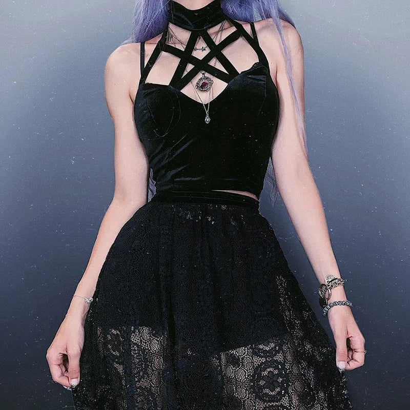 Goth Cross Print Lace Bodycon Crop Tops