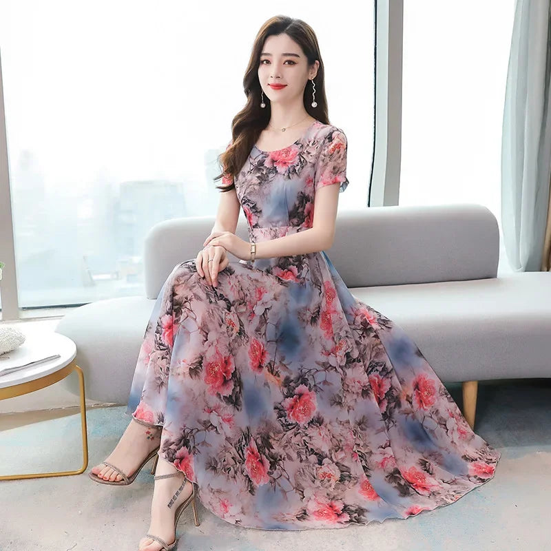 Silk Wide Skirt Short Sleeves Trendy Summer Dress