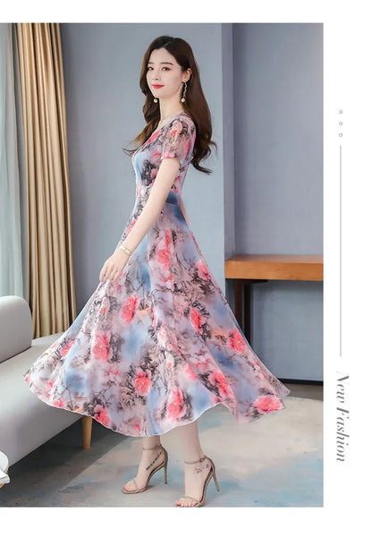 Silk Wide Skirt Short Sleeves Trendy Summer Dress