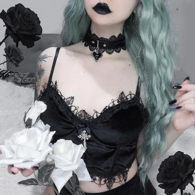 Goth Cross Print Lace Bodycon Crop Tops