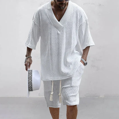 V-Neck Short Sleeve T-shirt and Shorts Streetwear Knit Outfits