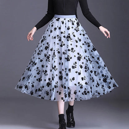 Korean Fashion Summer Hook Floral Loose Midi Skirt