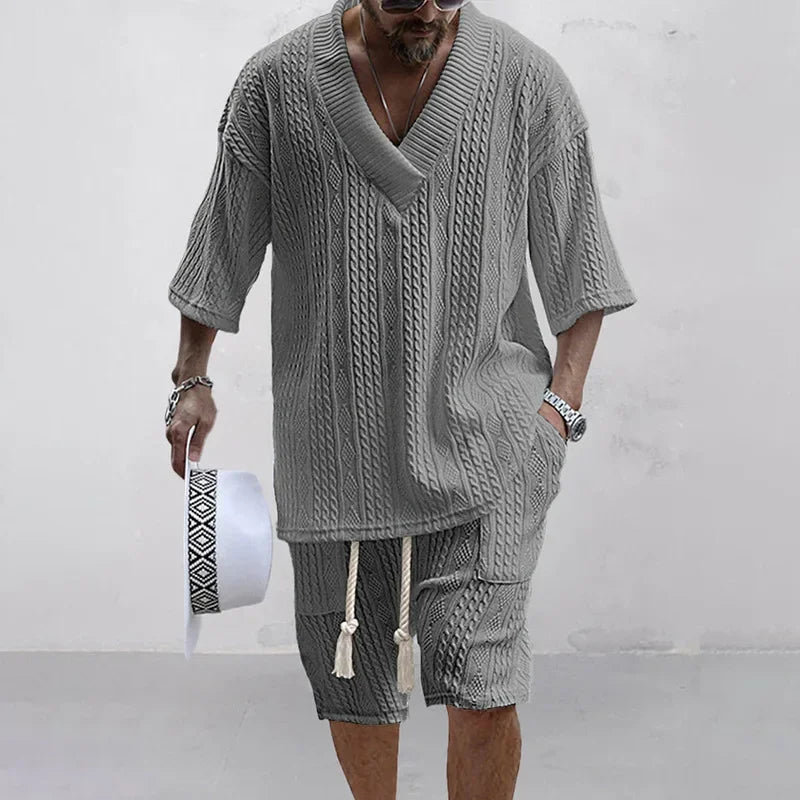 V-Neck Short Sleeve T-shirt and Shorts Streetwear Knit Outfits