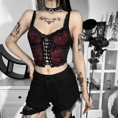 Goth Cross Print Lace Bodycon Crop Tops