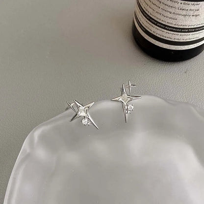 2023 Fashion Silver Color Cross Star Zircon Stud Earrings for Women Girl Korean Four-Pointed Star Personality Earrings Jewellery